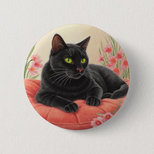 Rustende zwarte kat ronde button 5,7 cm (Voorkant)