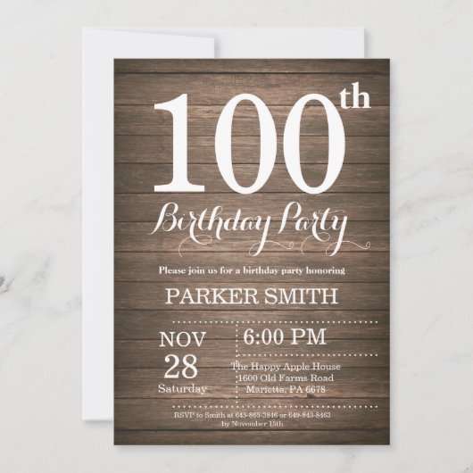 Rustic 100th Birthday Invitation Kaart (Voorkant)
