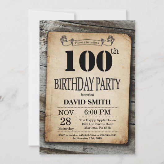 Rustic 100th Birthday Invitation  Wood Kaart (Voorkant)