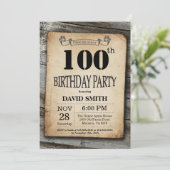 Rustic 100th Birthday Invitation  Wood Kaart (Staand voorkant)