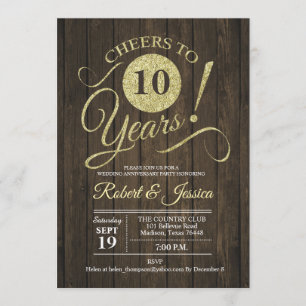Rustic 10th Wedding Jubileum - Gold Wood Kaart