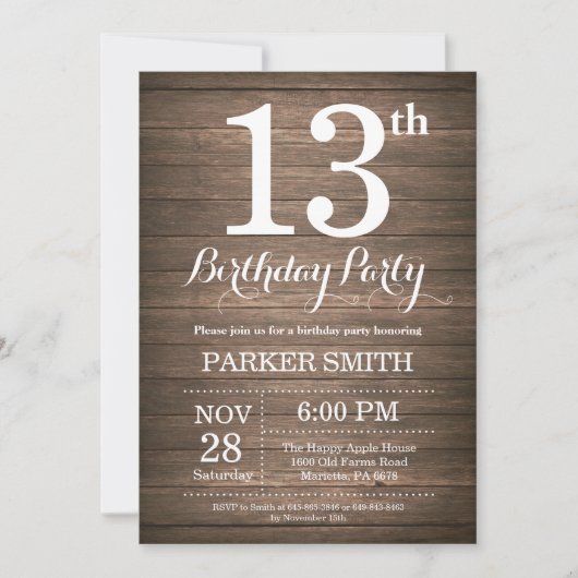 Rustic 13th Birthday Invitation Kaart (Voorkant)
