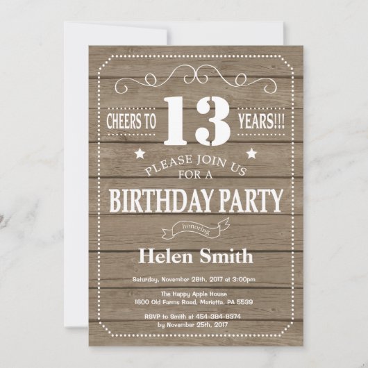Rustic 13th Birthday Invitation Kaart (Voorkant)