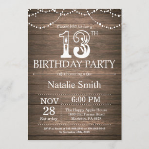 Rustic 13th Birthday Invitation String Lights Kaart