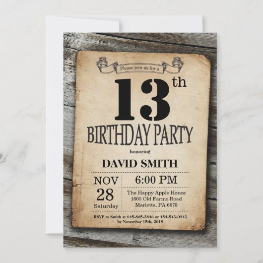 Rustic 13th Birthday Invitation  Wood Kaart (Voorkant)