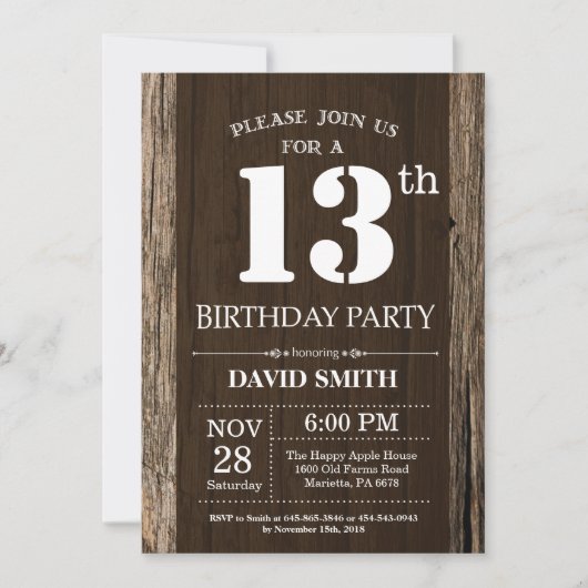 Rustic 13th Birthday Invitation Wood Kaart (Voorkant)
