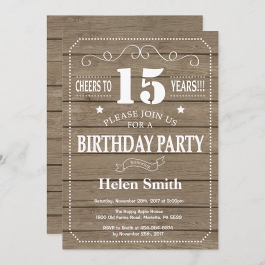Rustic 15th Birthday Invitation Kaart (Voorkant / Achterkant)