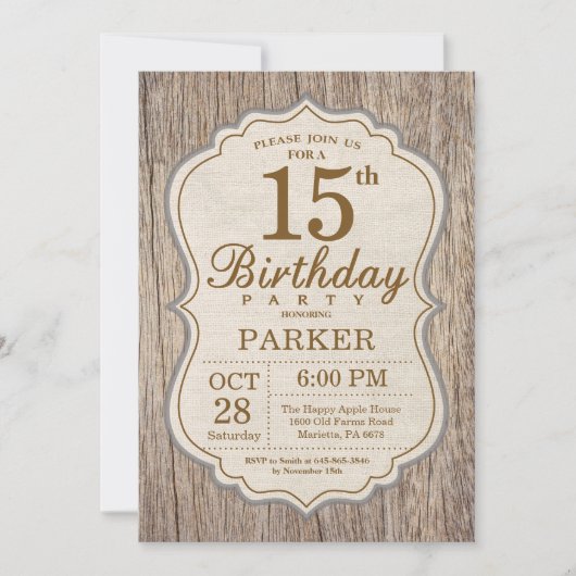 Rustic 15th Birthday Invitation Wood Kaart (Voorkant)