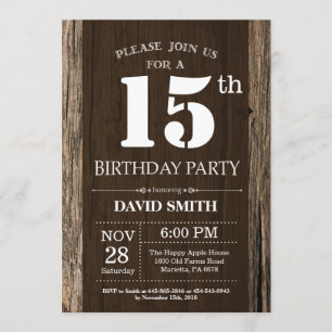 Rustic 15th Birthday Invitation Wood Kaart