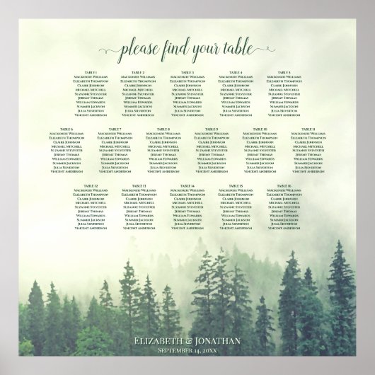 Rustic 16 Table Green Forest Wedding Seating Chart Poster (Voorkant)