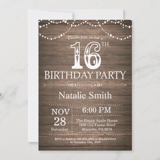 Rustic 16th Birthday Invitation String Lights Kaart (Voorkant)