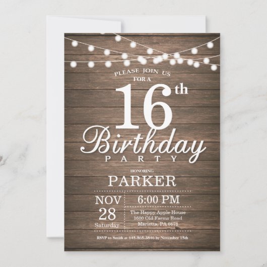 Rustic 16th Birthday Invitation String Lights Wood Kaart (Voorkant)