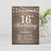 Rustic 16th Birthday Invitation String Lights Wood Kaart (Staand voorkant)