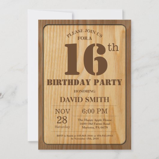 Rustic 16th Birthday Invitation  Wood Kaart (Voorkant)