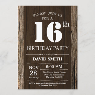 Rustic 16th Birthday Invitation  Wood Kaart