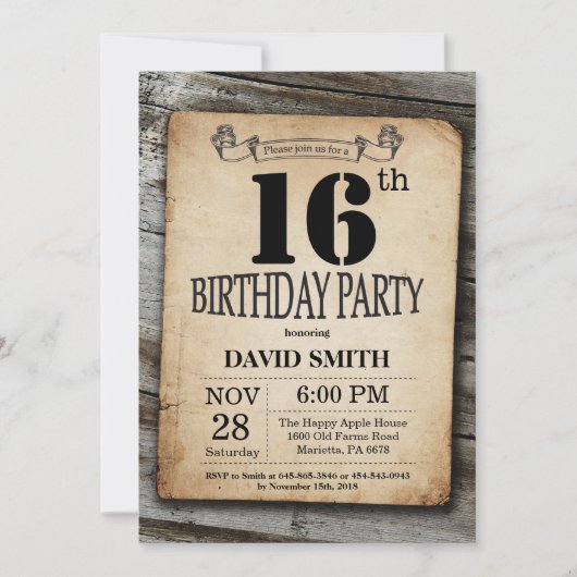 Rustic 16th Birthday Invitation  Wood Kaart (Voorkant)