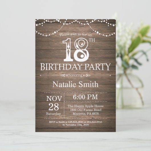Rustic 18th Birthday Invitation String Lights Kaart (Staand voorkant)
