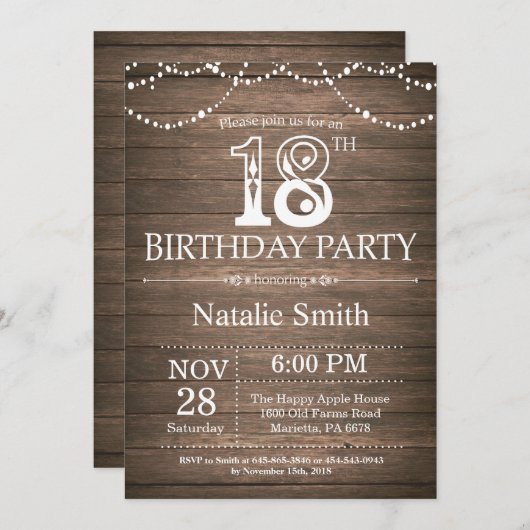 Rustic 18th Birthday Invitation String Lights Kaart (Voorkant / Achterkant)