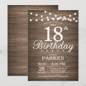 Rustic 18th Birthday Invitation String Lights Wood Kaart (Voorkant / Achterkant)