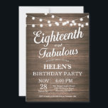 Rustic 18th Birthday Invitation Wood Fabulous<br><div class="desc">Rustic 18th Birthday Invitation with String Lights Wood Background. Woman Birthday Party. Eighteenth and Fabulous. Any age. For further customization,  please click the "Customize it" button and use our design tool to modify this template.</div>