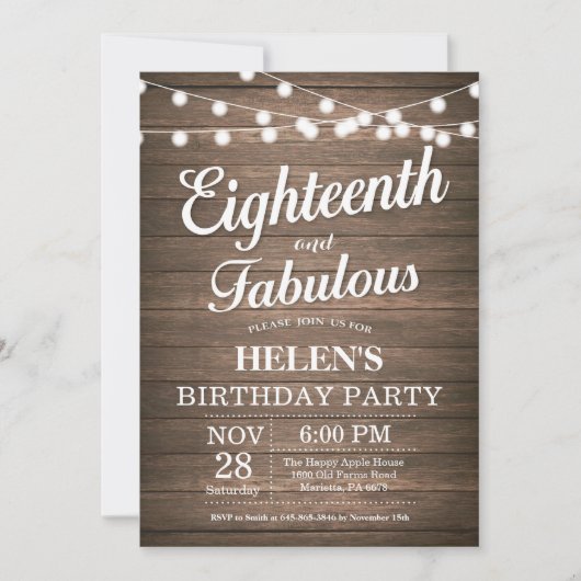 Rustic 18th Birthday Invitation Wood Fabulous Kaart (Voorkant)
