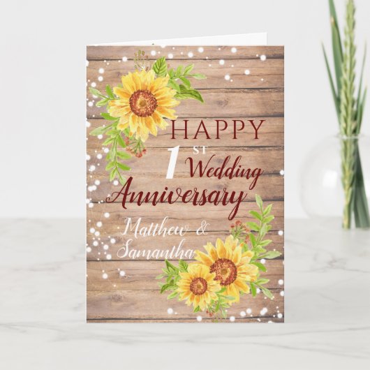 Rustic 1st Wedding Jubileum Sunflower Kaart (Voorkant)
