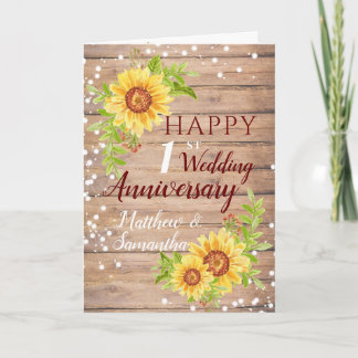 Rustic 1st Wedding Jubileum Sunflower Kaart