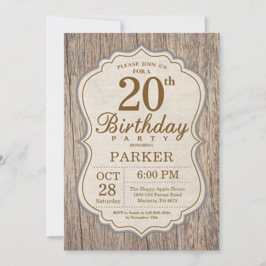 Rustic 20th Birthday Invitation Wood (Devant)