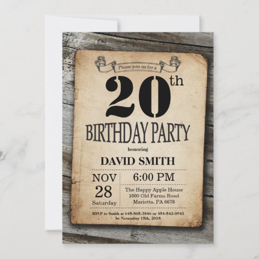 Rustic 20th Birthday Invitation  Wood Kaart (Voorkant)