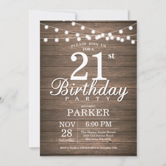 Rustic 21st Birthday Invitation String Lights Wood Kaart (Voorkant)