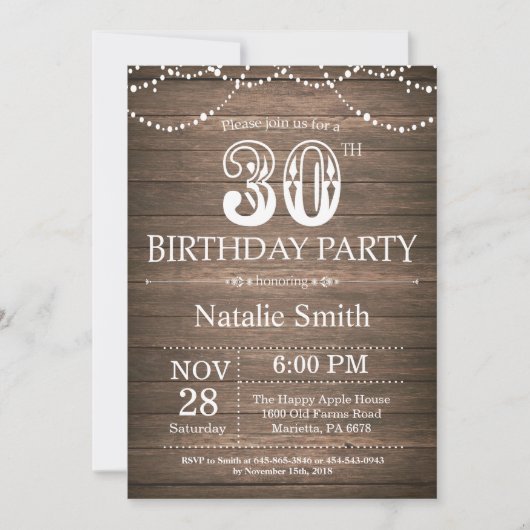 Rustic 30th Birthday Invitation String Lights Kaart (Voorkant)