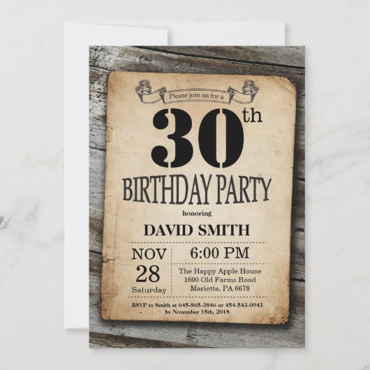 Rustic 30th Birthday Invitation  Wood Kaart (Voorkant)
