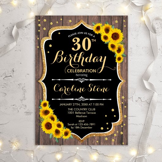 Rustic 30th Birthday - Sunflower Wood Uitnodiging