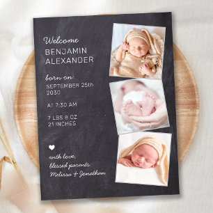 Rustic 3 Foto New Baby Chalkboard Birth Aankondigingskaart