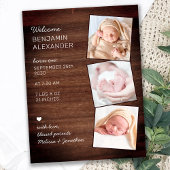 Rustic 3 Foto New Baby Country Wood Birth Aankondigingskaart