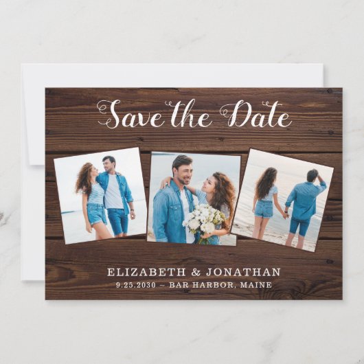 Rustic 3 Fotolandcode in één bruiloft Save The Date (Voorkant)
