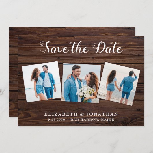 Rustic 3 Fotolandcode in één bruiloft Save The Date (Voorkant / Achterkant)