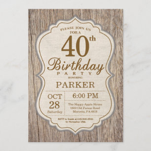 Rustic 40th Birthday Invitation Wood Kaart