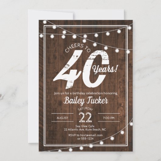 Rustic 40th Birthday met String Lights Party Kaart (Voorkant)