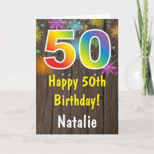 Rustic 50th Birthday Colorful Rainbow Fireworks Kaart