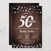 Rustic 50th Birthday Wood & String Lights Birthday Kaart (Voorkant / Achterkant)