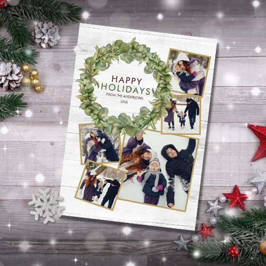 Rustic 5 Foto Collage Greenery Burgundy Kerstmis Feestdagenkaart