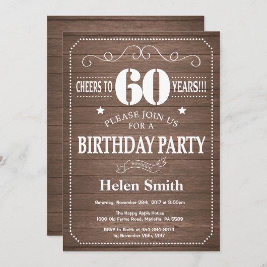Rustic 60th Birthday Invitation (Devant / Derrière)