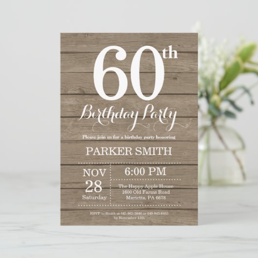 Rustic 60th Birthday Invitation Kaart (Staand voorkant)