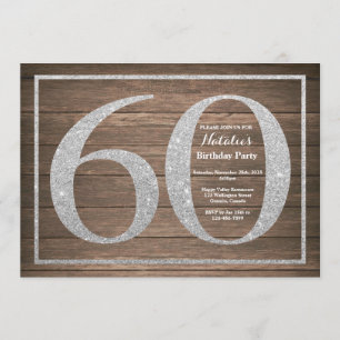 Rustic 60th Birthday Invitation Silver Glitter Kaart