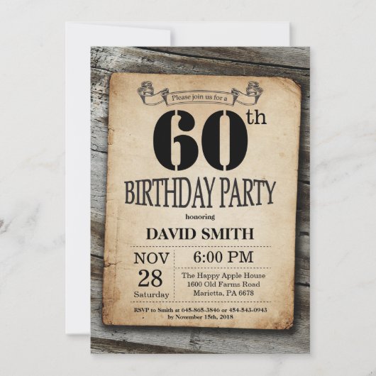 Rustic 60th Birthday Invitation  Wood Kaart (Voorkant)