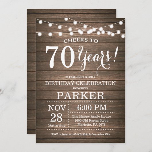 Rustic 70e anniversaire Invitation Bois (Devant / Derrière)