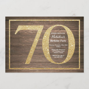 Rustic 70th Birthday Invitation Gold Glitter Kaart