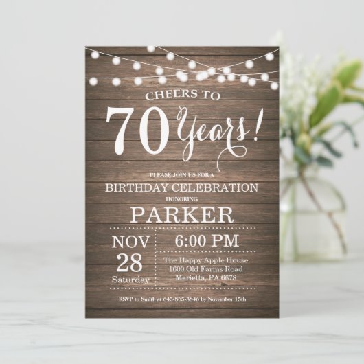 Rustic 70th Birthday Invitation Wood Kaart (Staand voorkant)