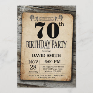 Rustic 70th Birthday Invitation Wood Kaart